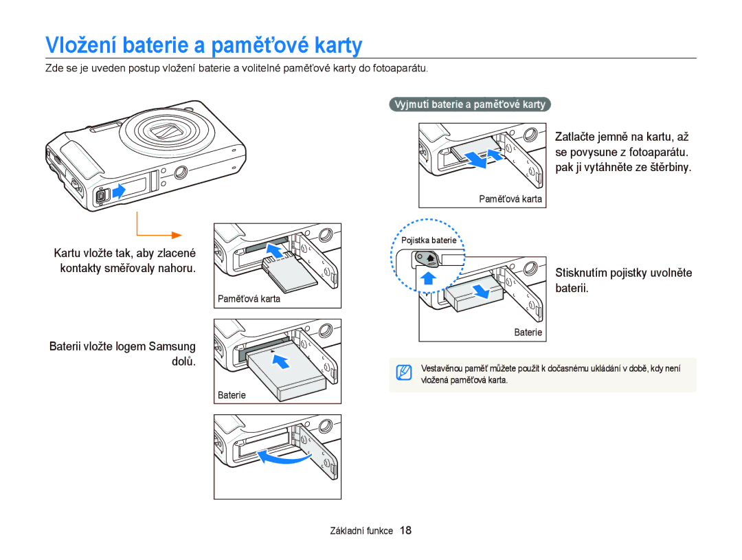 Samsung EC-WB2000BPBE3, EC-WB2000BPAE3 manual Vložení baterie a paměťové karty, Stisknutím pojistky uvolněte baterii 