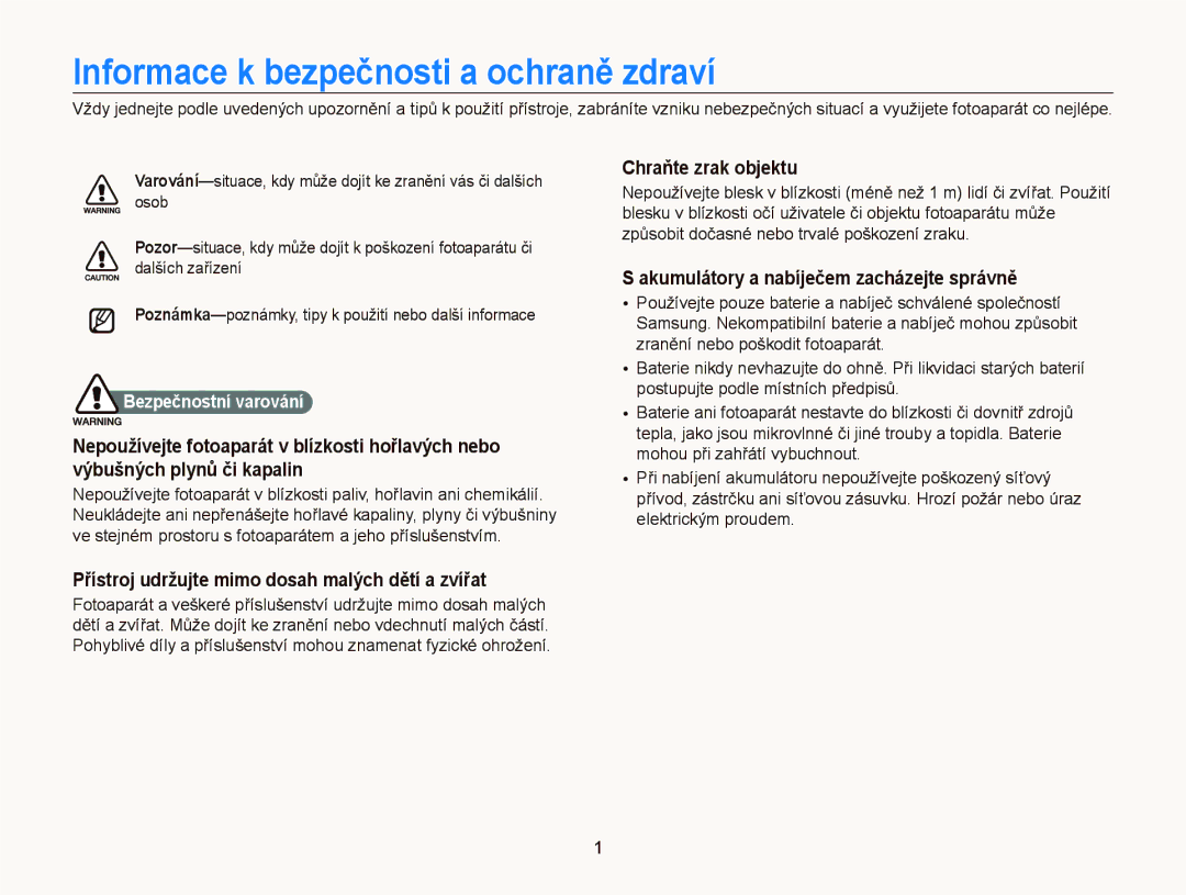 Samsung EC-WB2000BPAE3 manual Informace k bezpečnosti a ochraně zdraví, Přístroj udržujte mimo dosah malých dětí a zvířat 