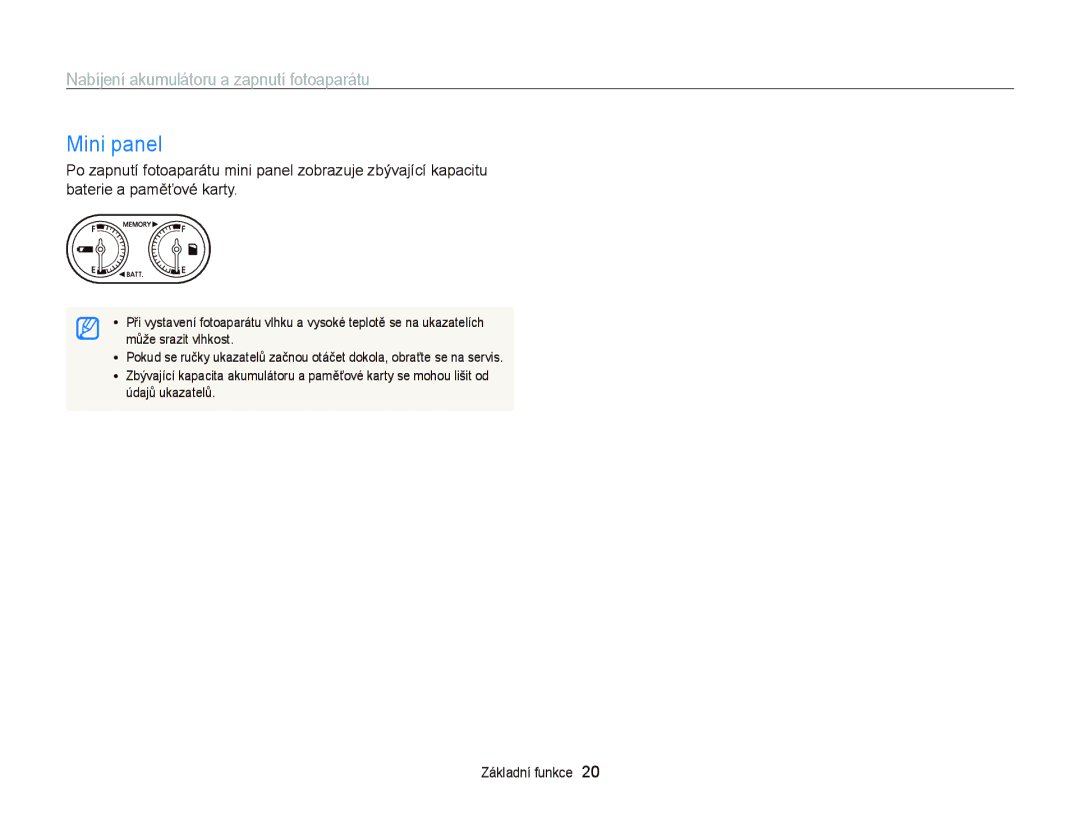 Samsung EC-WB2000BPBE3, EC-WB2000BPAE3 manual Mini panel, Nabíjení akumulátoru a zapnutí fotoaparátu 