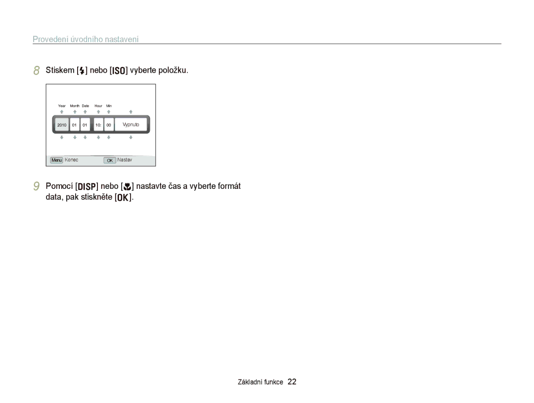 Samsung EC-WB2000BPBE3, EC-WB2000BPAE3 manual Provedení úvodního nastavení, Stiskem F nebo I vyberte položku 