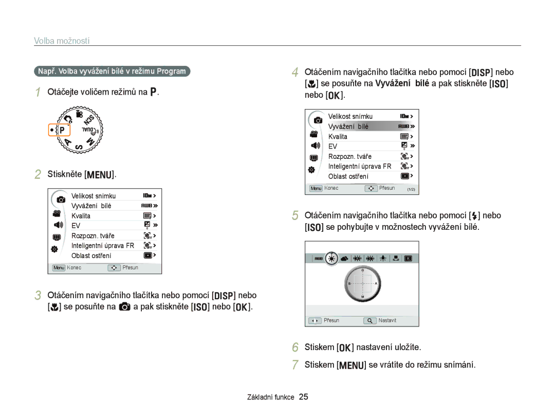 Samsung EC-WB2000BPAE3, EC-WB2000BPBE3 manual Volba možností, Otáčejte voličem režimů na p Stiskněte m 