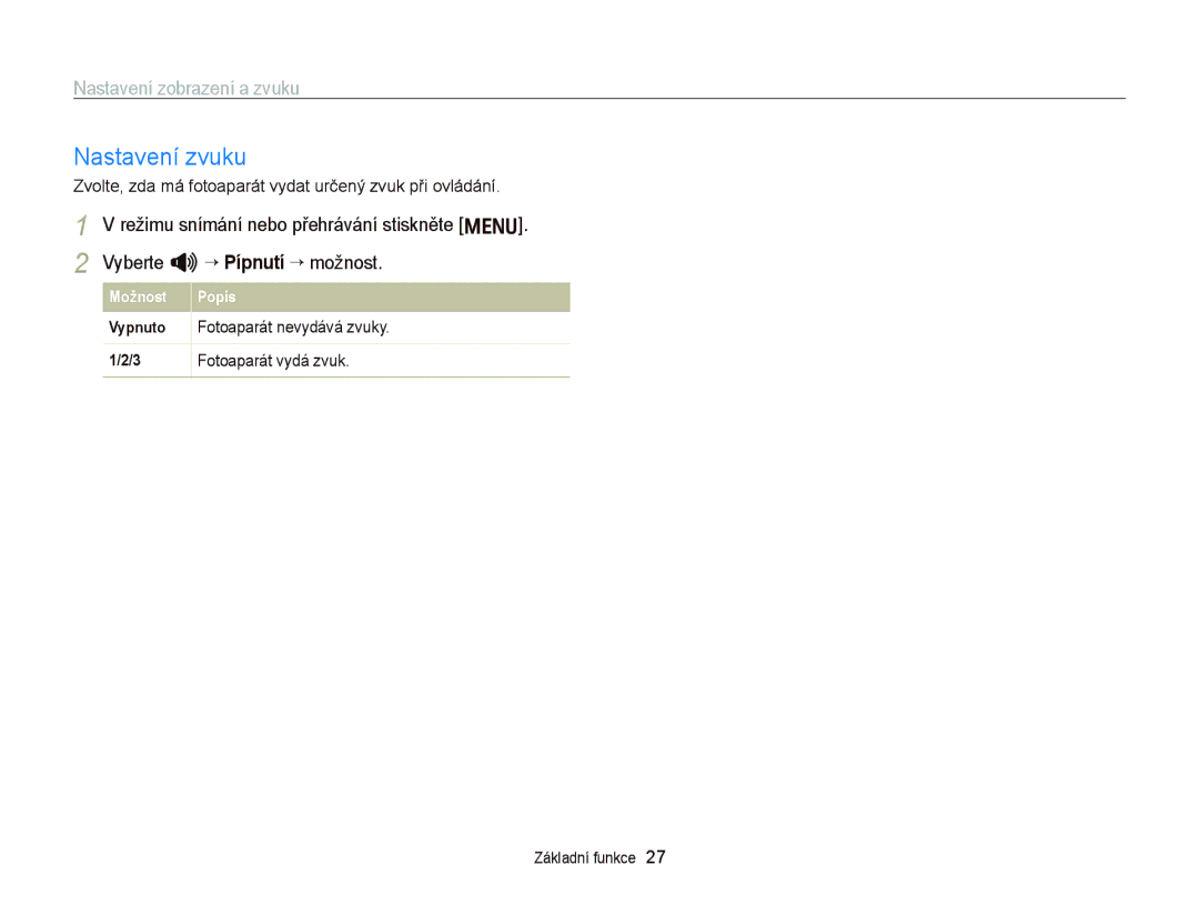 Samsung EC-WB2000BPAE3 manual Nastavení zvuku, Nastavení zobrazení a zvuku, Fotoaparát nevydává zvuky, Fotoaparát vydá zvuk 