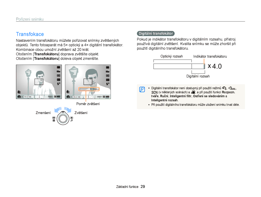Samsung EC-WB2000BPAE3, EC-WB2000BPBE3 manual Transfokace, Pořízení snímku, Digitální transfokátor 
