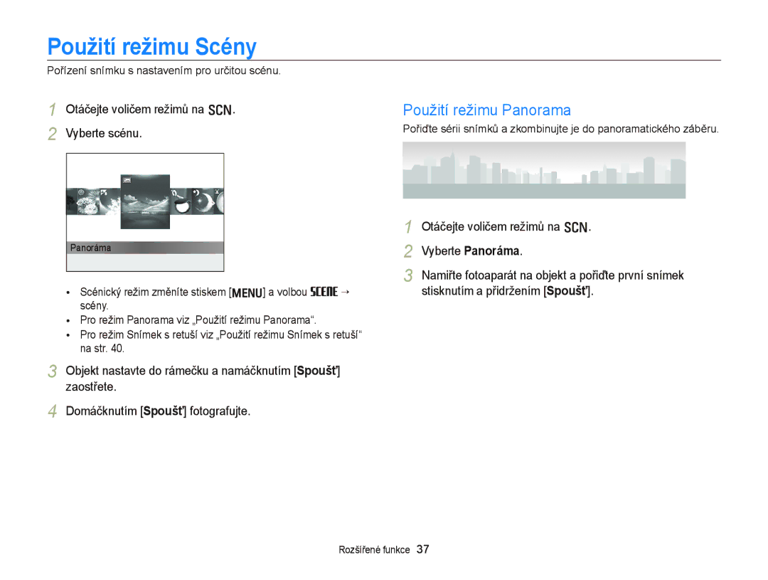 Samsung EC-WB2000BPAE3, EC-WB2000BPBE3 manual Použití režimu Scény, Použití režimu Panorama 