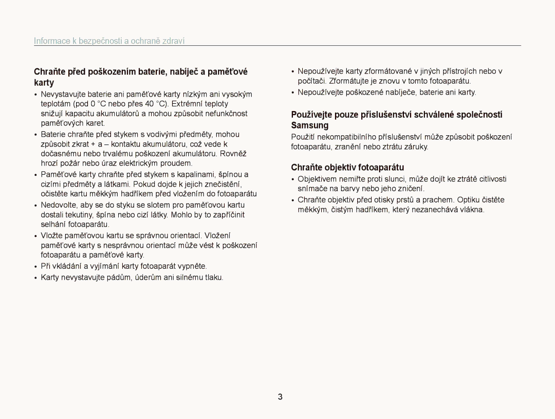 Samsung EC-WB2000BPAE3 manual Chraňte před poškozením baterie, nabíječ a paměťové karty, Chraňte objektiv fotoaparátu 