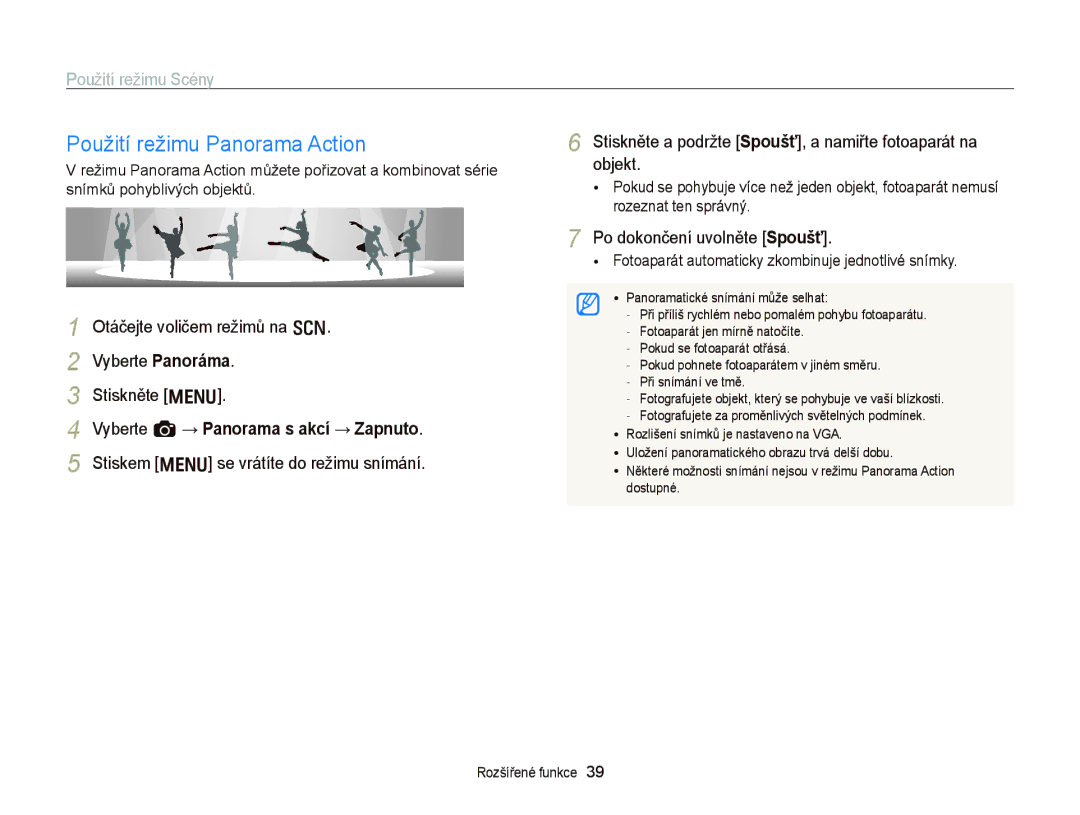 Samsung EC-WB2000BPAE3 manual Použití režimu Panorama Action, Otáčejte voličem režimů na s Vyberte Panoráma Stiskněte m 