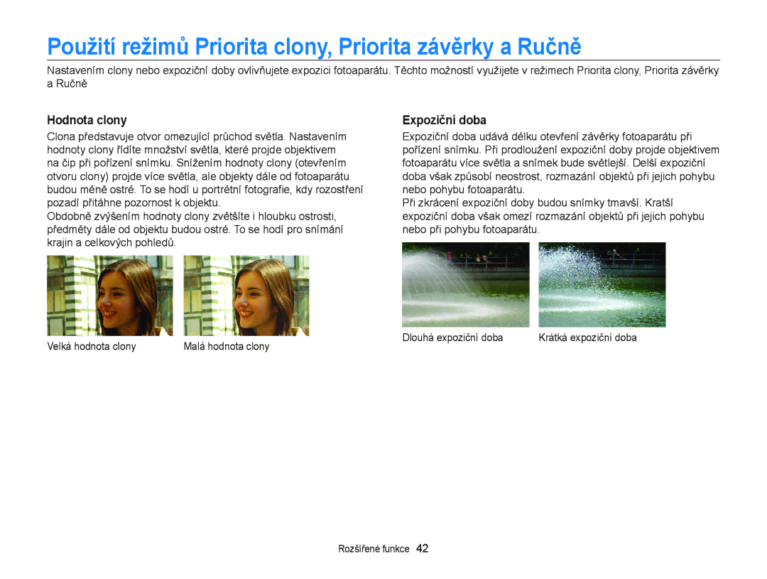 Samsung EC-WB2000BPBE3 manual Použití režimů Priorita clony, Priorita závěrky a Ručně, Hodnota clony, Expoziční doba 
