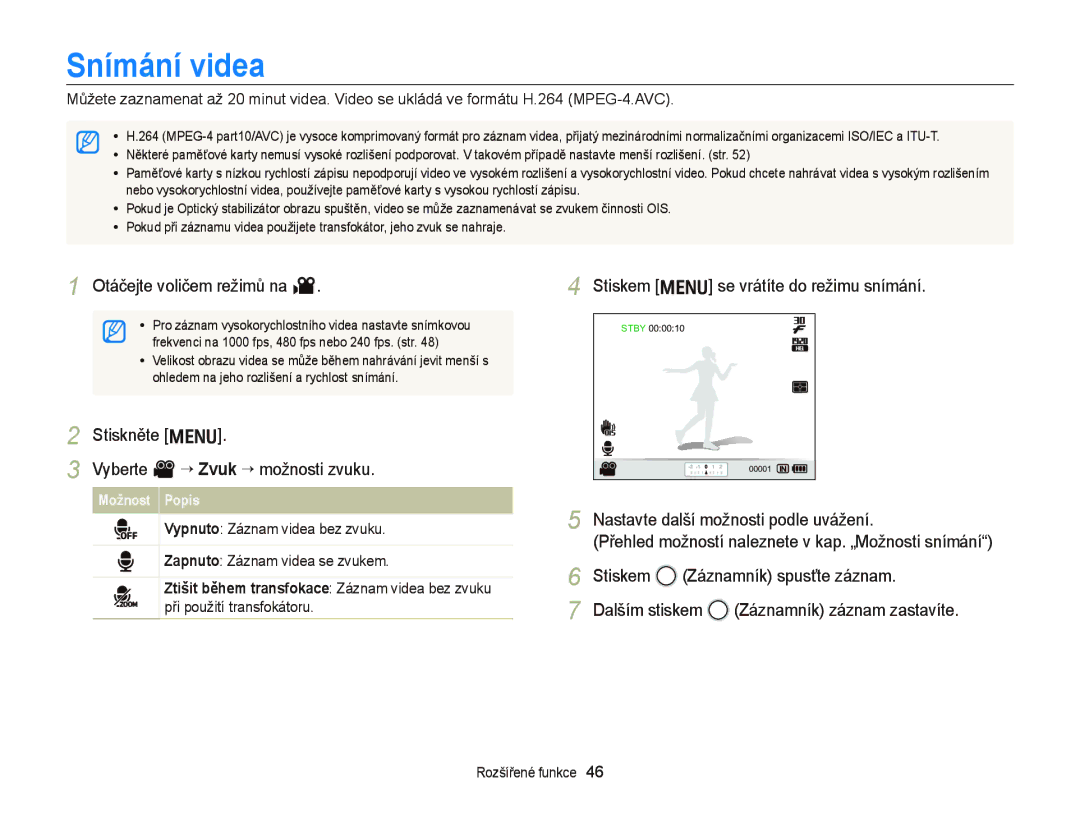 Samsung EC-WB2000BPBE3 manual Snímání videa, Otáčejte voličem režimů na, Stiskněte m Vyberte V “ Zvuk ““možnosti zvuku 