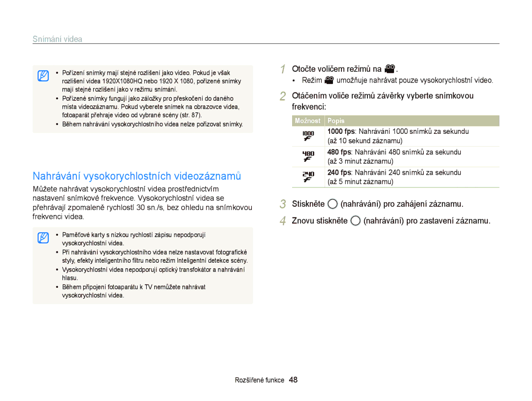 Samsung EC-WB2000BPBE3, EC-WB2000BPAE3 manual Nahrávání vysokorychlostních videozáznamů, Otočte voličem režimů na 