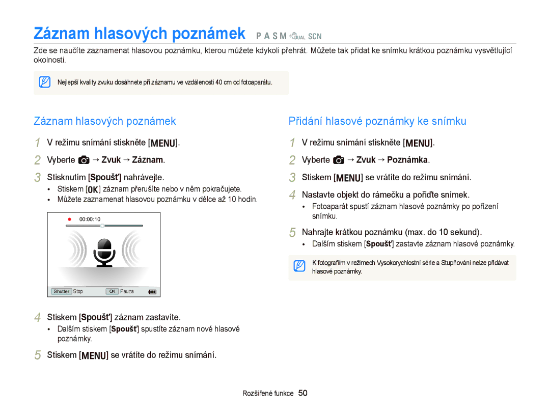 Samsung EC-WB2000BPBE3, EC-WB2000BPAE3 manual Záznam hlasových poznámek p a S M d s, Přidání hlasové poznámky ke snímku 