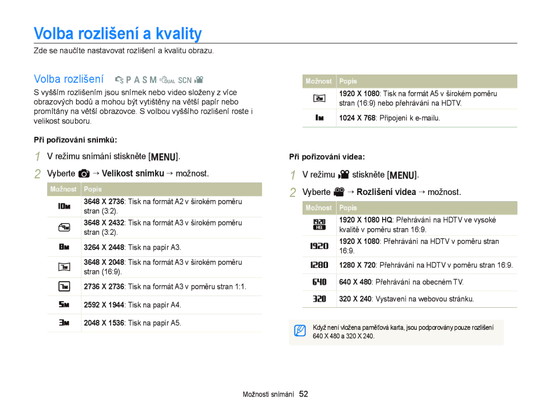 Samsung EC-WB2000BPBE3, EC-WB2000BPAE3 Volba rozlišení a kvality, Volba rozlišení t p a S M d s, Při pořizování snímků 