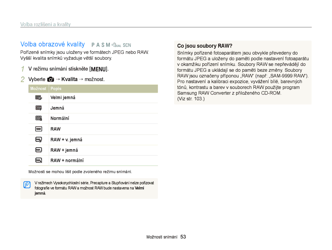 Samsung EC-WB2000BPAE3, EC-WB2000BPBE3 Volba obrazové kvality p a S M d s, Volba rozlišení a kvality, Co jsou soubory RAW? 
