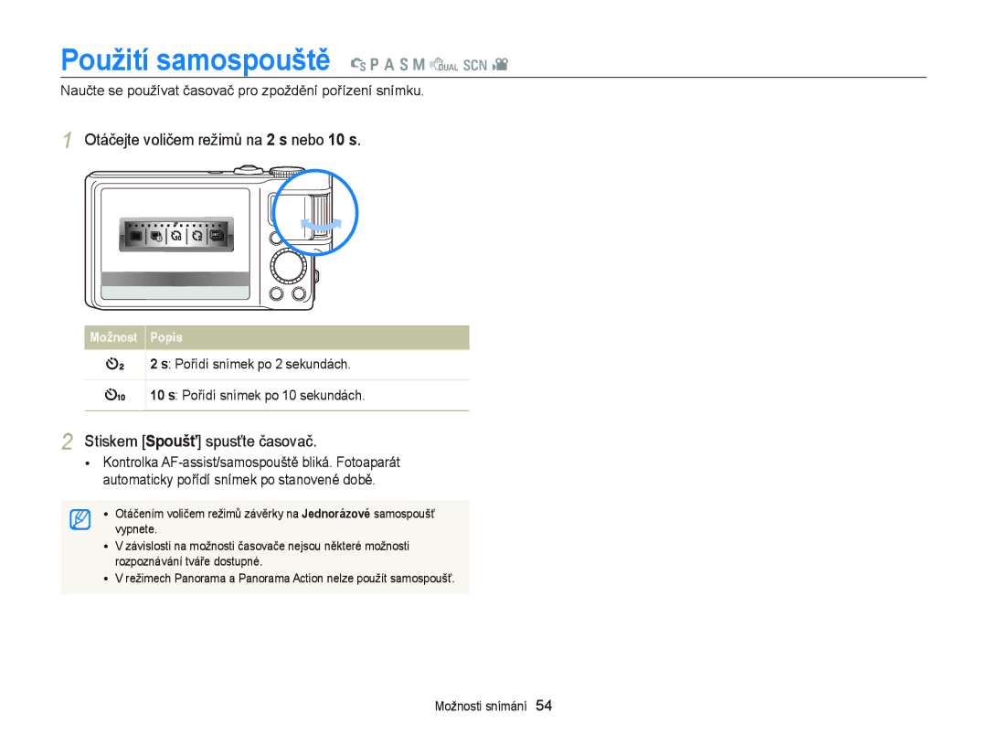 Samsung EC-WB2000BPBE3, EC-WB2000BPAE3 manual Použití samospouště t p a S M d s, Otáčejte voličem režimů na 2 s nebo 10 s 