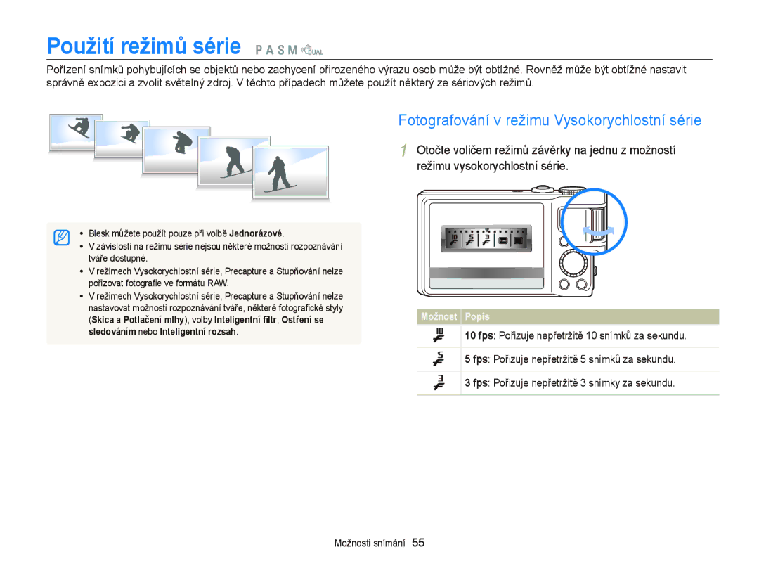 Samsung EC-WB2000BPAE3, EC-WB2000BPBE3 manual Použití režimů série p a S M d, Fotografování v režimu Vysokorychlostní série 