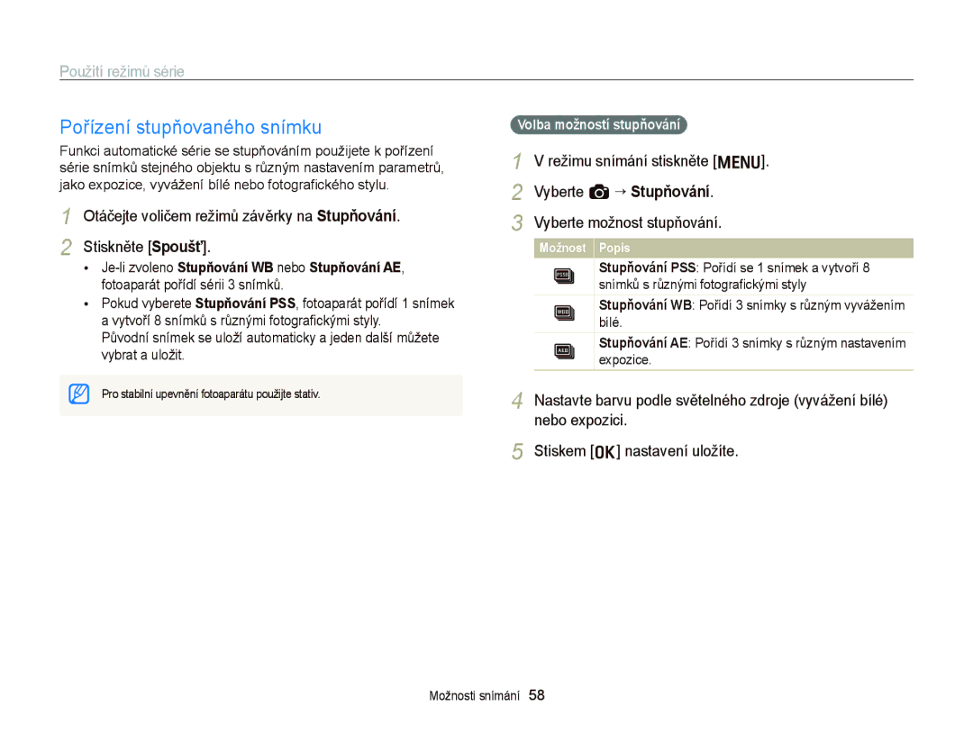 Samsung EC-WB2000BPBE3, EC-WB2000BPAE3 manual Pořízení stupňovaného snímku, Volba možností stupňování 