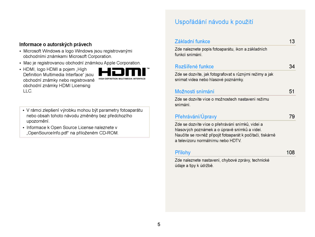 Samsung EC-WB2000BPAE3, EC-WB2000BPBE3 manual Uspořádání návodu k použití, Informace o autorských právech 