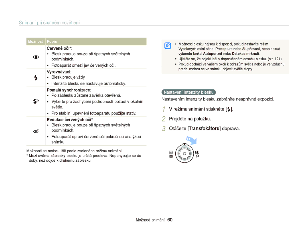 Samsung EC-WB2000BPBE3, EC-WB2000BPAE3 manual Snímání při špatném osvětlení, Nastavení intenzity blesku 