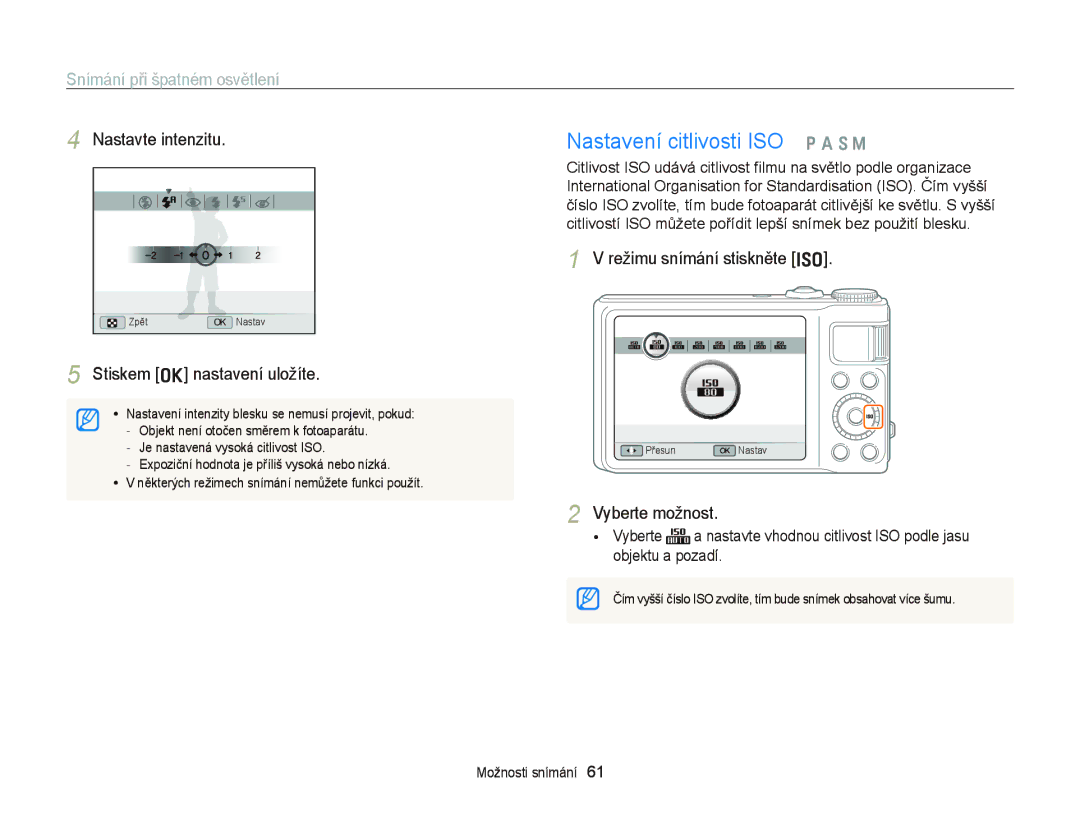 Samsung EC-WB2000BPAE3, EC-WB2000BPBE3 manual Nastavení citlivosti ISO p a S M, Režimu snímání stiskněte, Nastavte intenzitu 