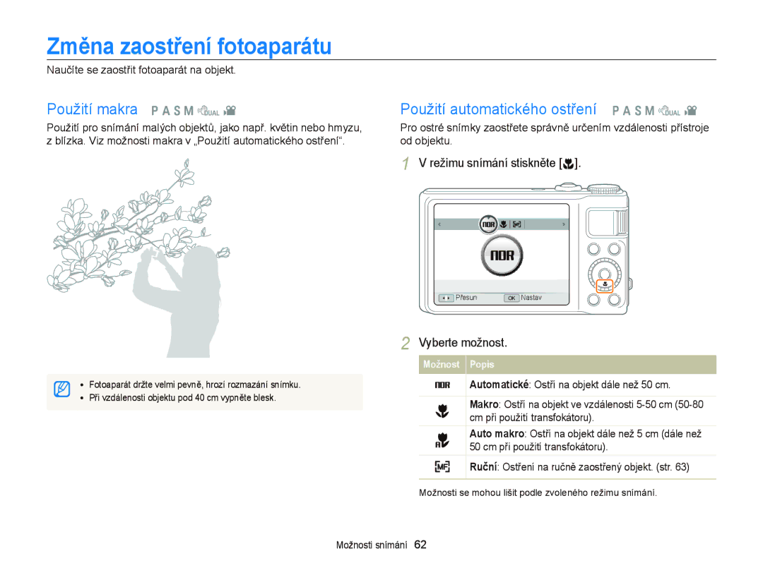 Samsung EC-WB2000BPBE3 manual Změna zaostření fotoaparátu, Použití makra p a S M d, Použití automatického ostření p a S M d 