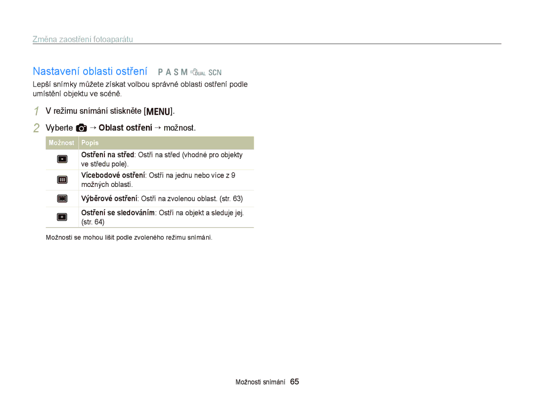 Samsung EC-WB2000BPAE3 Nastavení oblasti ostření p a S M d s, Ostření se sledováním Ostří na objekt a sleduje jej. str 