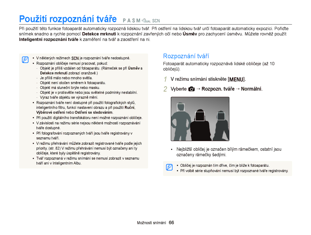 Samsung EC-WB2000BPBE3 manual Použití rozpoznání tváře p a S M d s, Rozpoznání tváří, Vyberte a “ Rozpozn. tváře “ Normální 