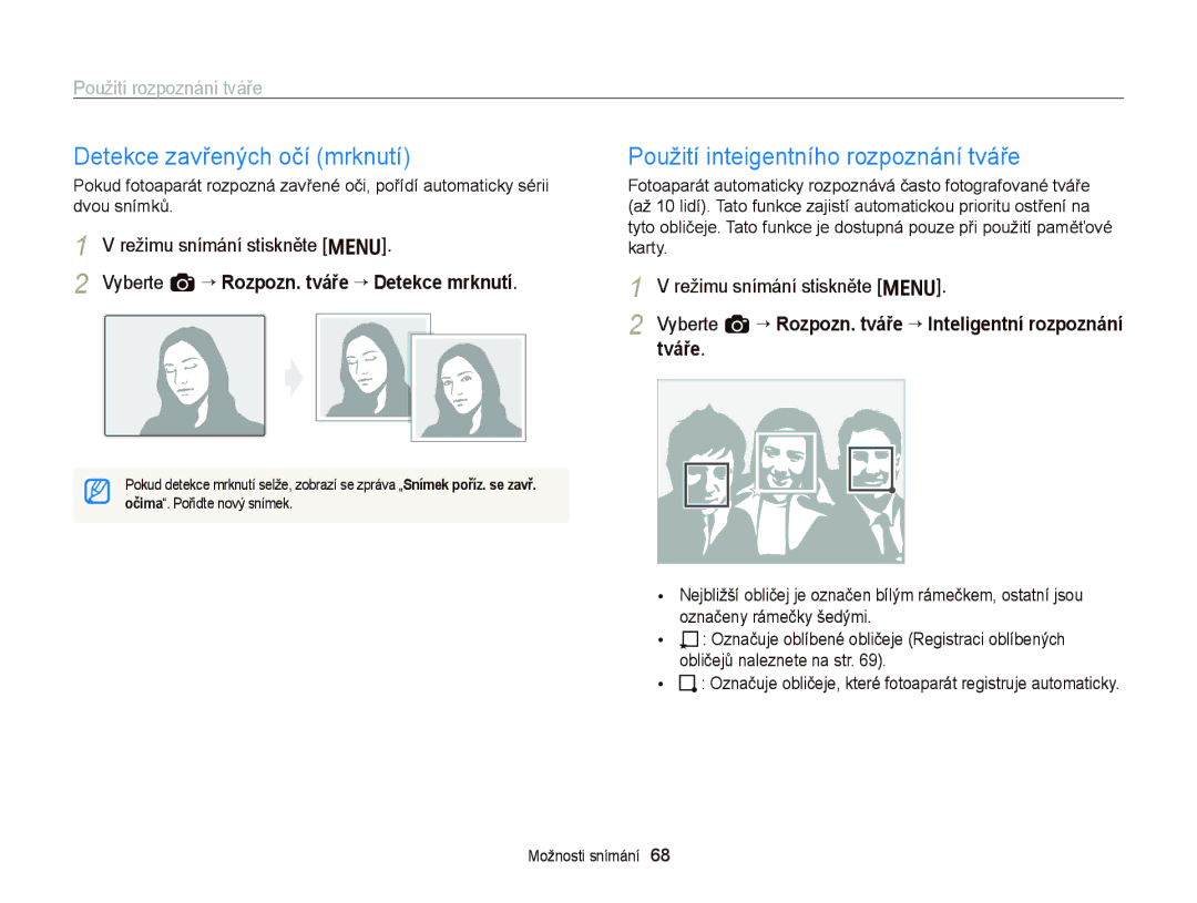 Samsung EC-WB2000BPBE3, EC-WB2000BPAE3 manual Detekce zavřených očí mrknutí, Použití inteigentního rozpoznání tváře 
