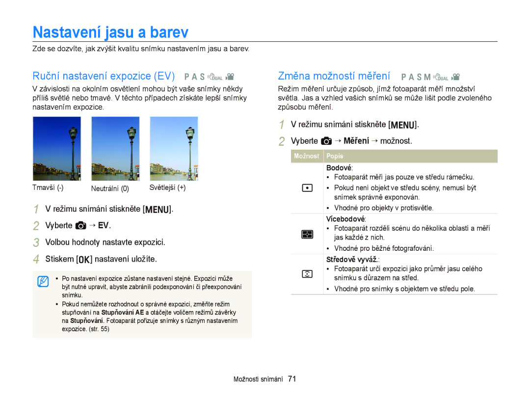 Samsung EC-WB2000BPAE3 manual Nastavení jasu a barev, Ruční nastavení expozice EV p a S d, Změna možností měření p a S M d 