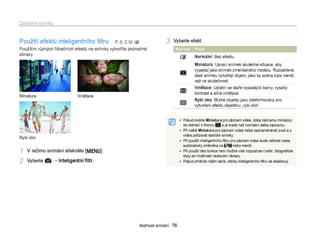 Samsung EC-WB2000BPBE3, EC-WB2000BPAE3 manual Použití efektů inteligentního ﬁltru p a S M, Zlepšení snímků, Vyberte efekt 