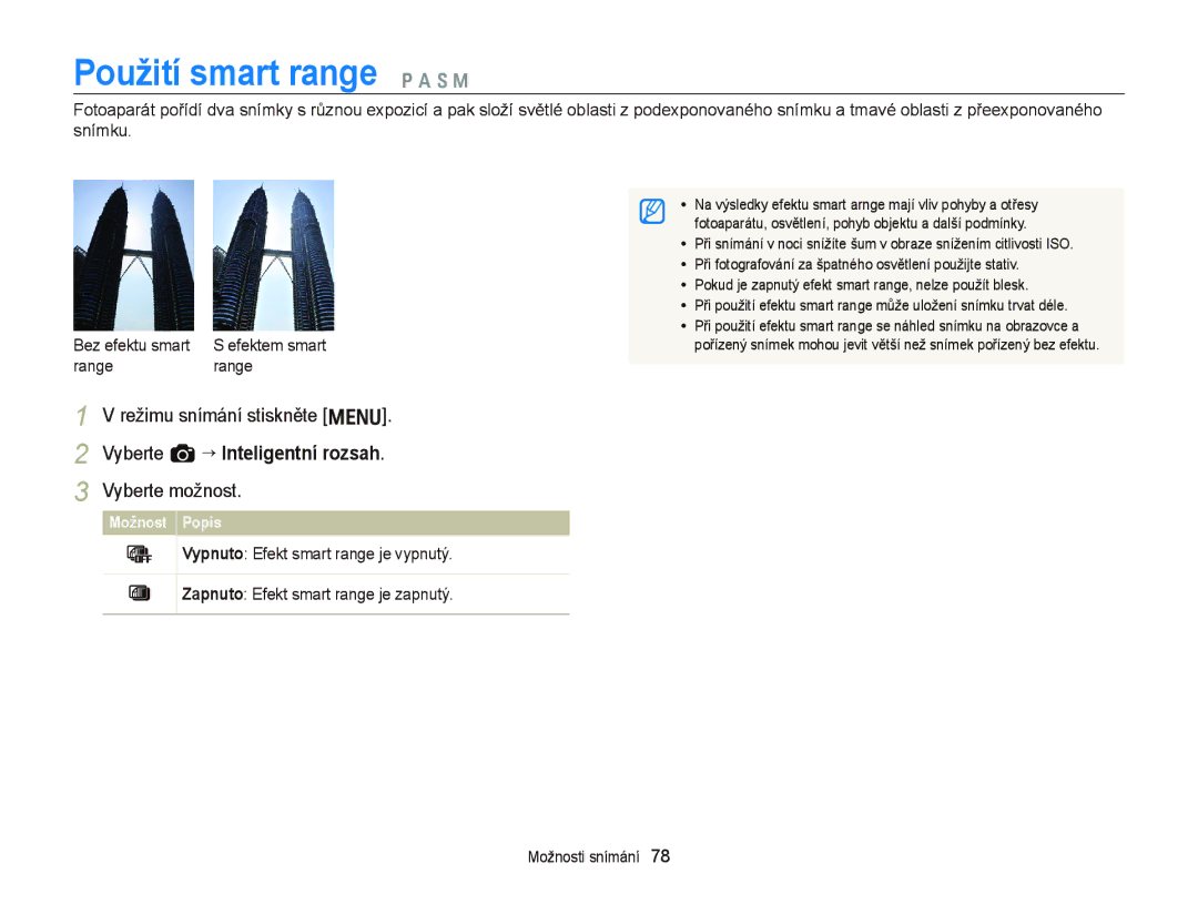 Samsung EC-WB2000BPBE3, EC-WB2000BPAE3 manual Použití smart range p a S M, Range 