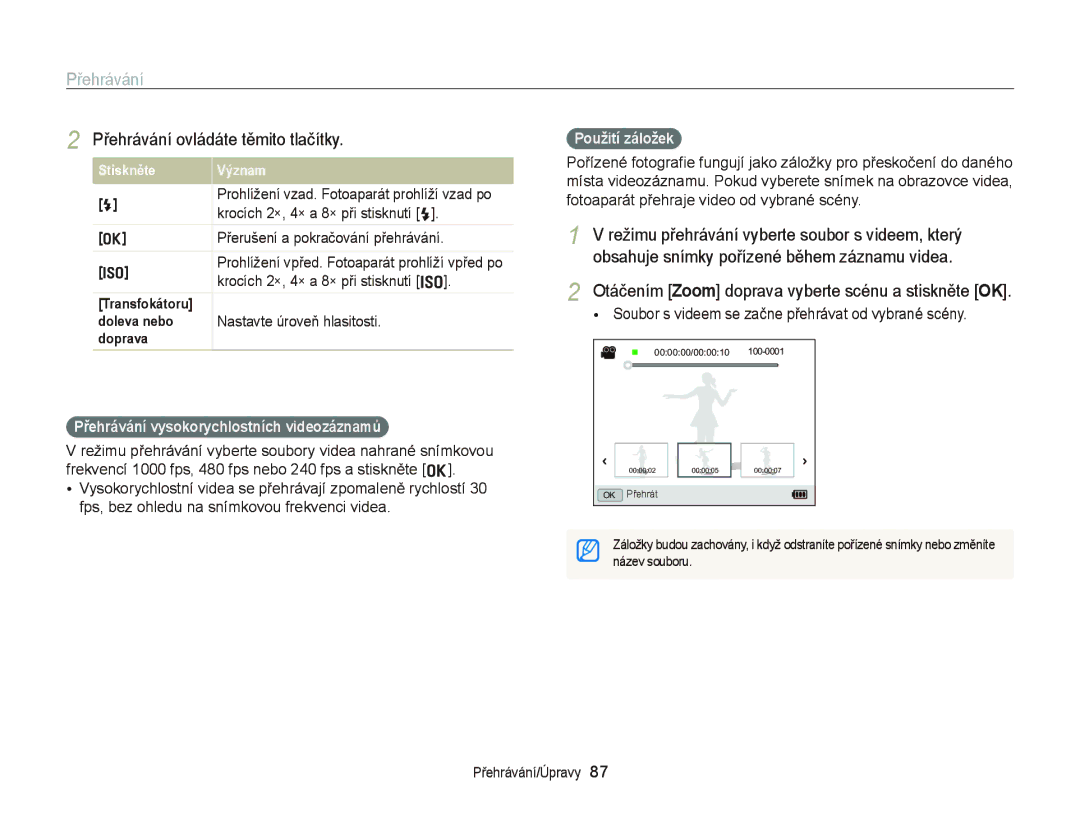 Samsung EC-WB2000BPAE3 manual Přehrávání ovládáte těmito tlačítky, Otáčením Zoom doprava vyberte scénu a stiskněte OK 