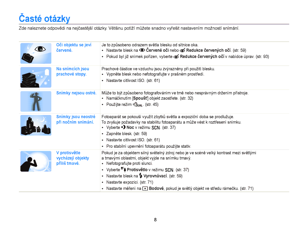 Samsung EC-WB2000BPBE3, EC-WB2000BPAE3 manual Časté otázky, Redukce červených očí. str 