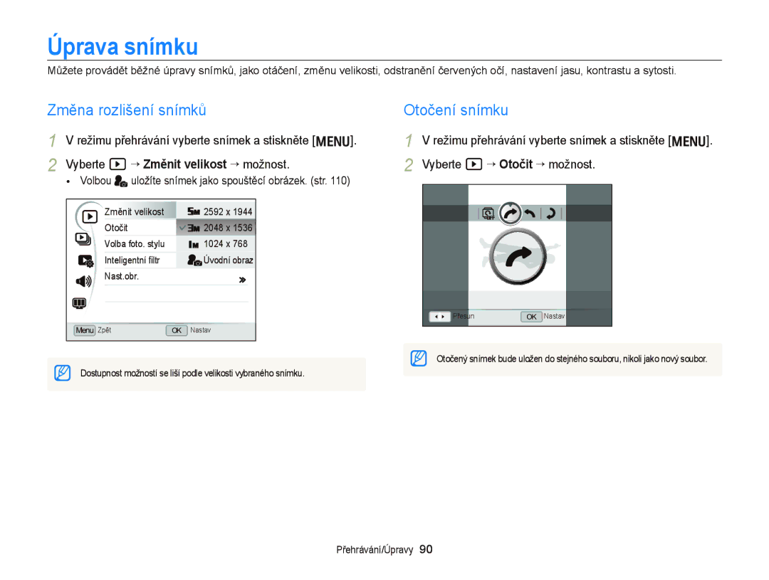 Samsung EC-WB2000BPBE3, EC-WB2000BPAE3 manual Úprava snímku, Změna rozlišení snímků, Otočení snímku 