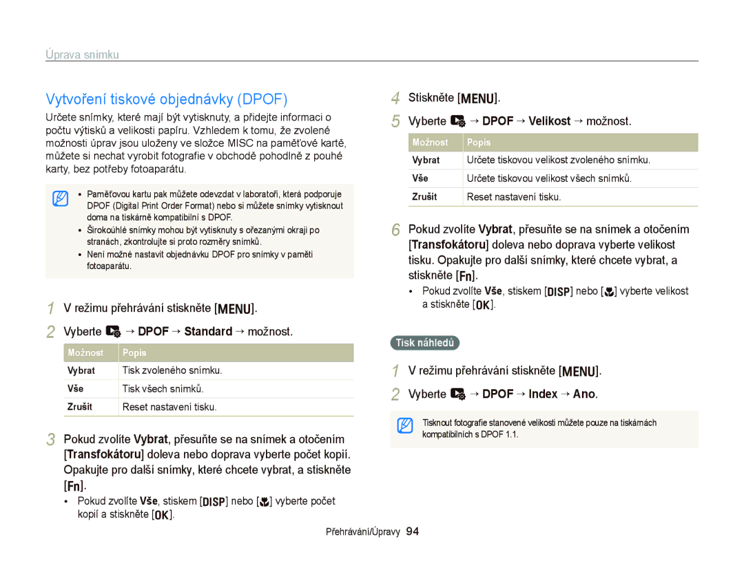 Samsung EC-WB2000BPBE3, EC-WB2000BPAE3 manual Vytvoření tiskové objednávky Dpof, Režimu přehrávání stiskněte m, Stiskněte m 