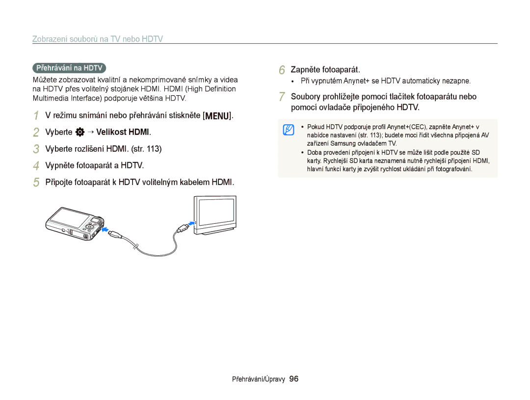 Samsung EC-WB2000BPBE3, EC-WB2000BPAE3 manual Zobrazení souborů na TV nebo Hdtv, Přehrávání na Hdtv 