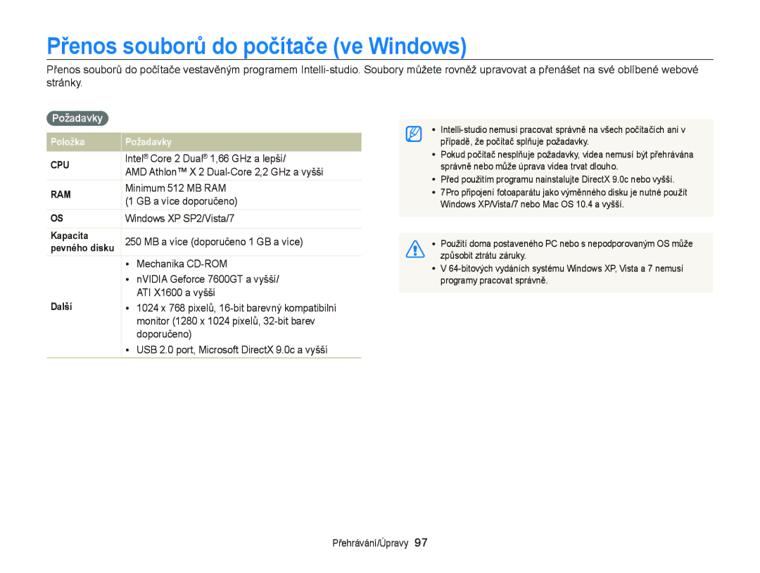 Samsung EC-WB2000BPAE3, EC-WB2000BPBE3 manual Přenos souborů do počítače ve Windows, Požadavky 