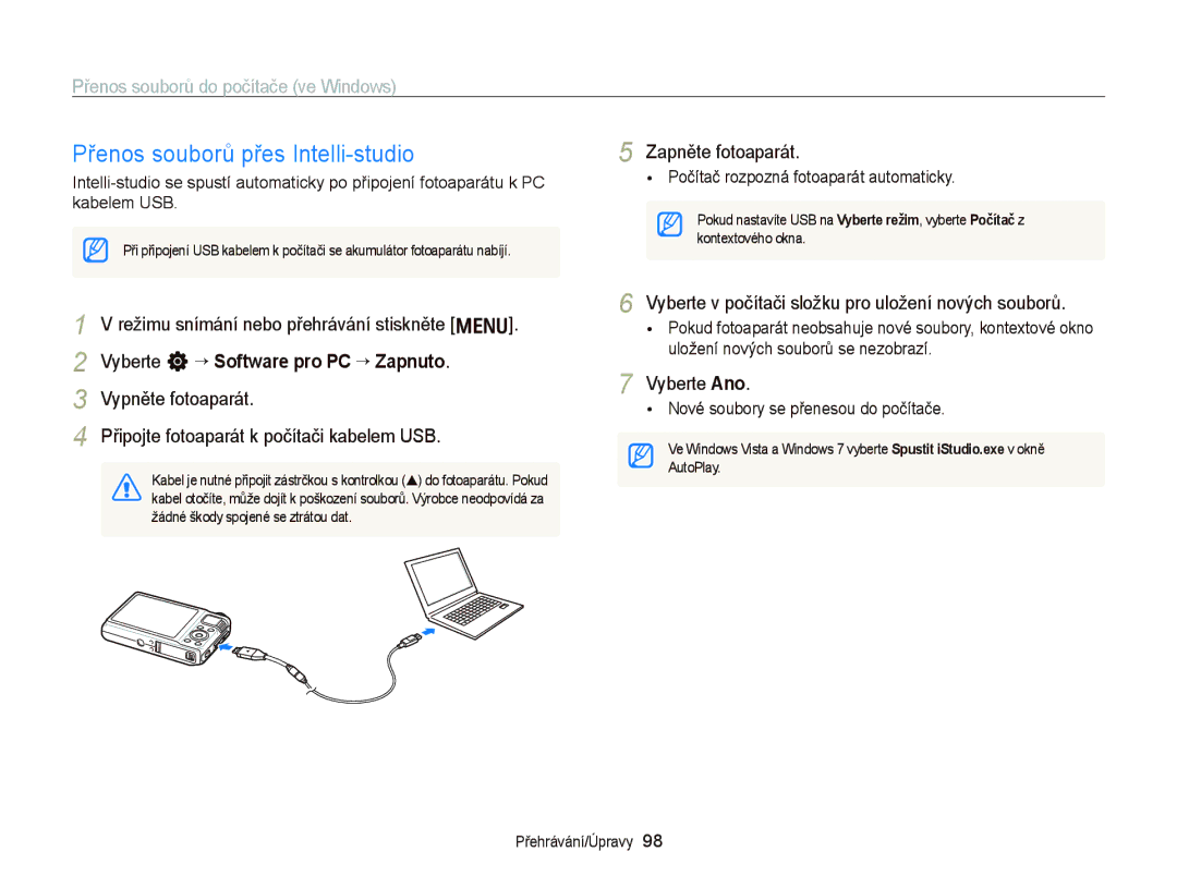 Samsung EC-WB2000BPBE3, EC-WB2000BPAE3 manual Přenos souborů přes Intelli-studio, Přenos souborů do počítače ve Windows 