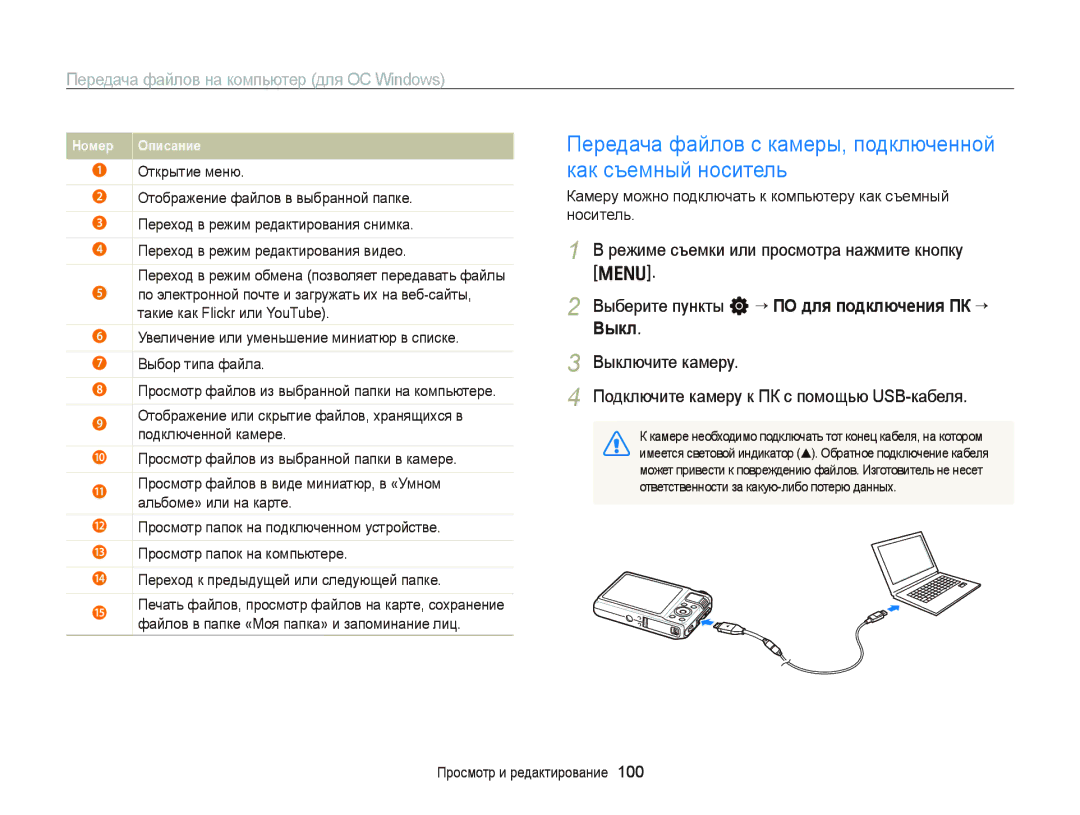 Samsung EC-WB2000BPBRU, EC-WB2000BPARU manual Передача файлов с камеры, подключенной как съемный носитель 