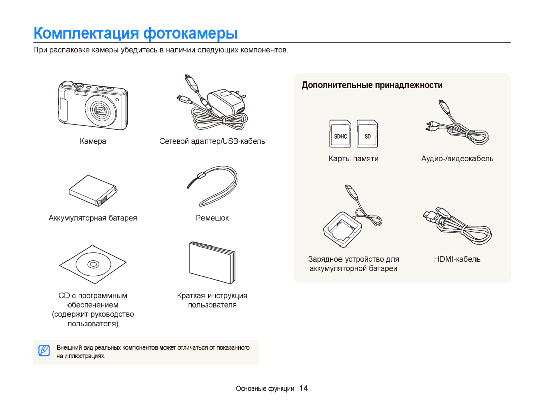 Samsung EC-WB2000BPBRU, EC-WB2000BPARU manual Комплектация фотокамеры, Дополнительные принадлежности, Камера, Карты памяти 