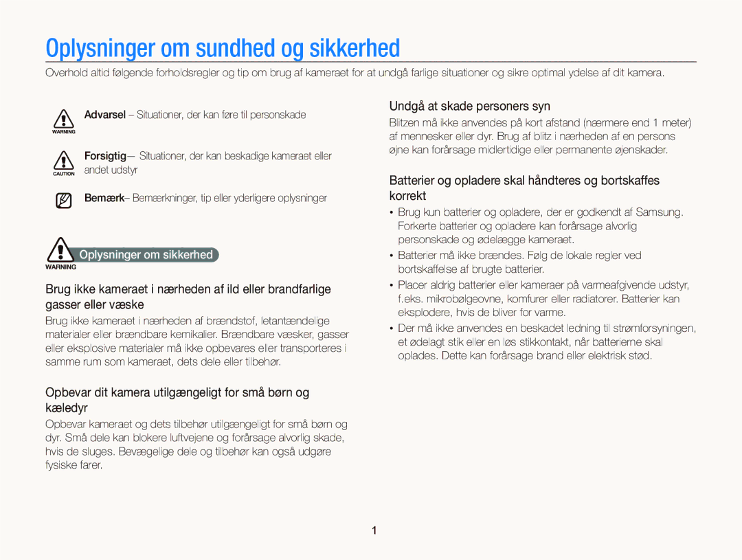 Samsung EC-WB2000BPBE2 manual Oplysninger om sundhed og sikkerhed, Undgå at skade personers syn, Oplysninger om sikkerhed 