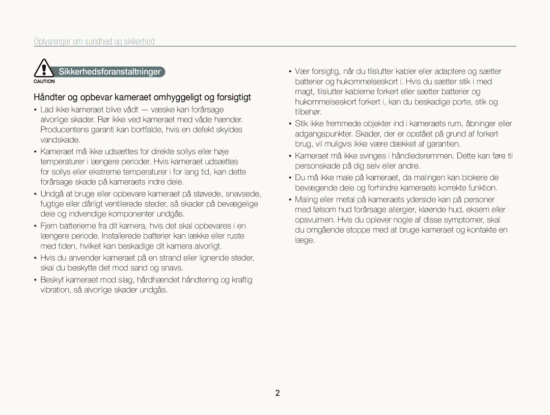 Samsung EC-WB2000BPBE2 manual Oplysninger om sundhed og sikkerhed, Håndter og opbevar kameraet omhyggeligt og forsigtigt 