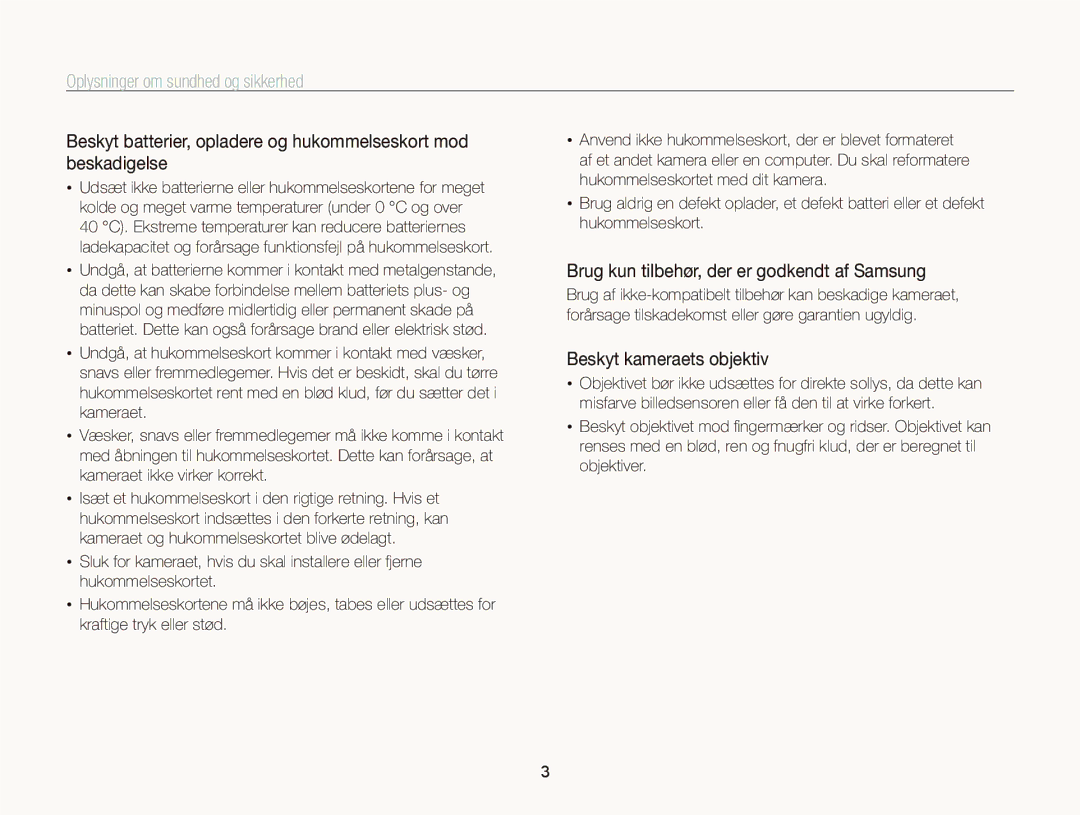 Samsung EC-WB2000BPBE2 manual Brug kun tilbehør, der er godkendt af Samsung, Beskyt kameraets objektiv 