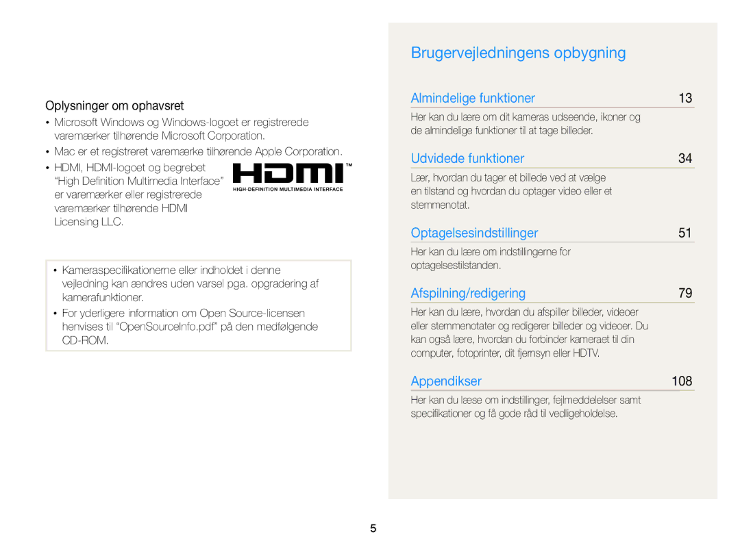 Samsung EC-WB2000BPBE2 manual Brugervejledningens opbygning, Oplysninger om ophavsret, 108 