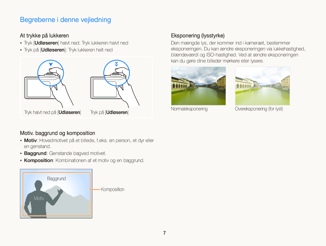 Samsung EC-WB2000BPBE2 manual Begreberne i denne vejledning, At trykke på lukkeren, Motiv. baggrund og komposition 