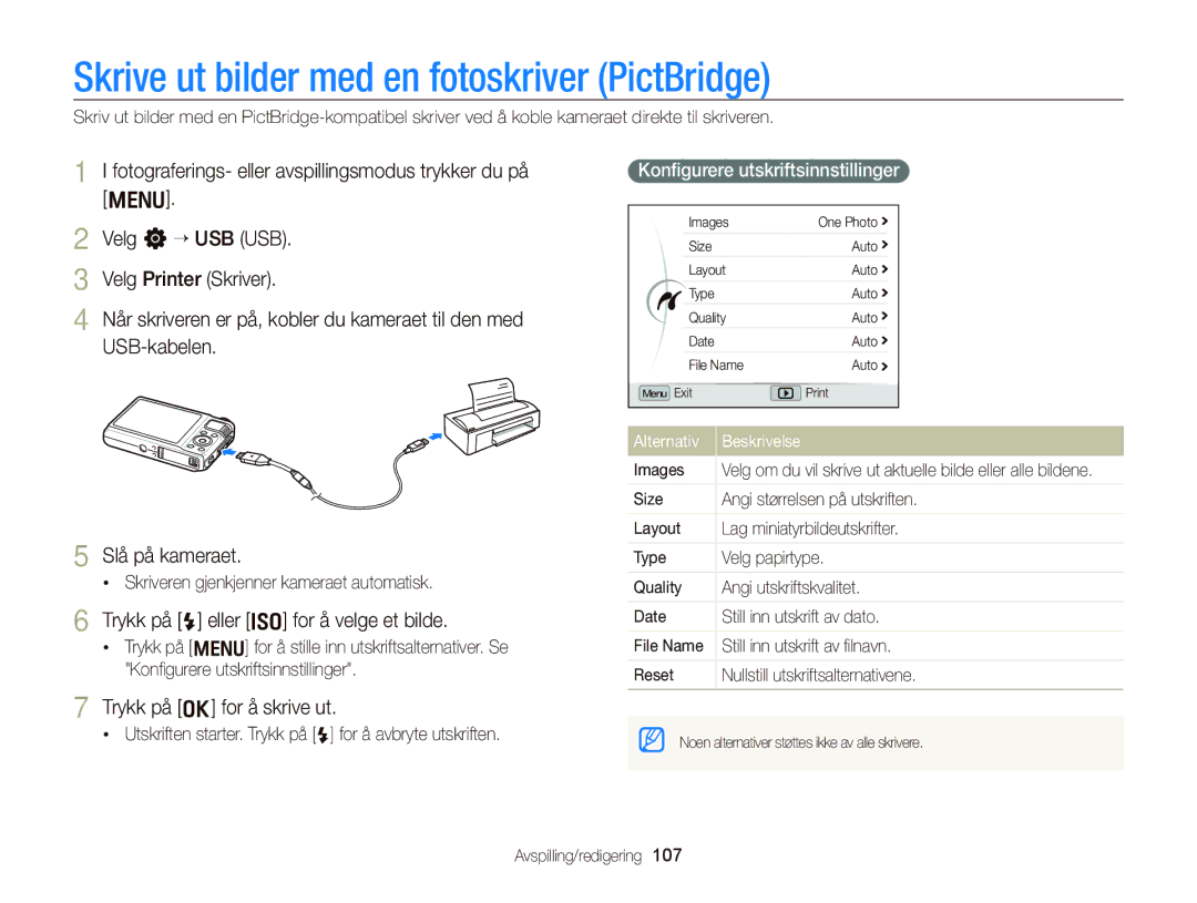 Samsung EC-WB2000BPBE2 manual Skrive ut bilder med en fotoskriver PictBridge, Trykk på F eller I for å velge et bilde 