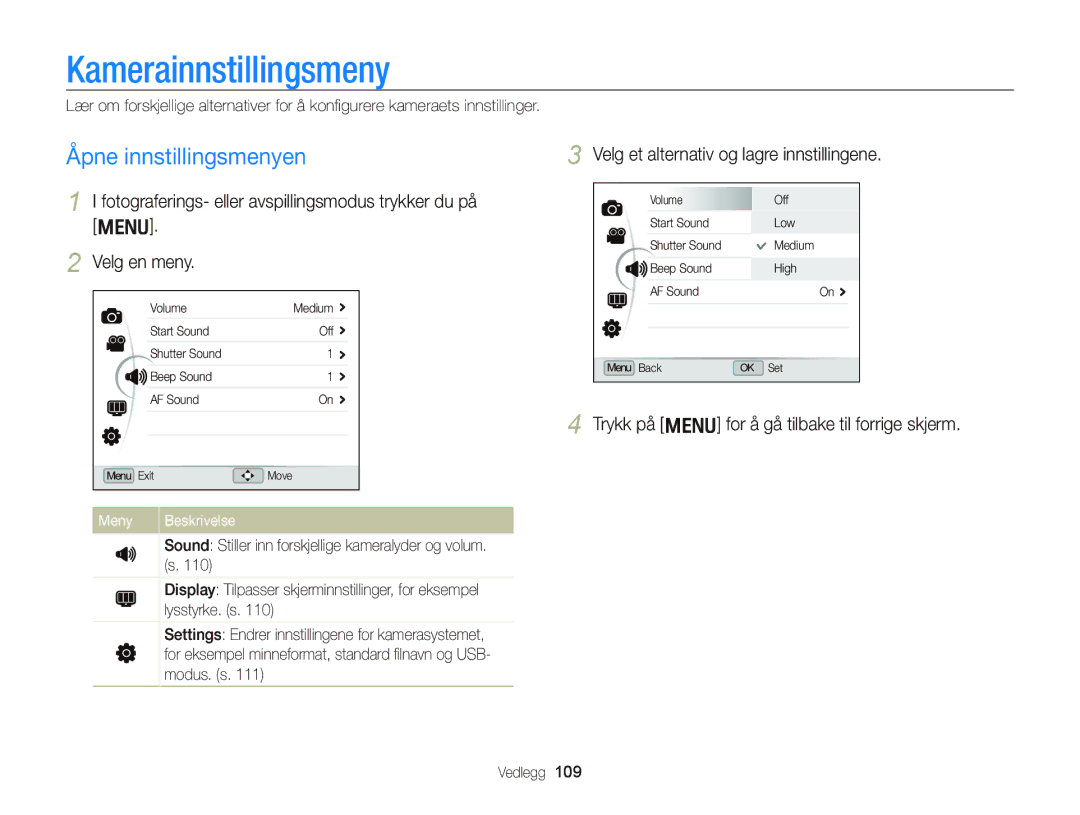 Samsung EC-WB2000BPBE2 manual Kamerainnstillingsmeny, Åpne innstillingsmenyen, Velg et alternativ og lagre innstillingene 