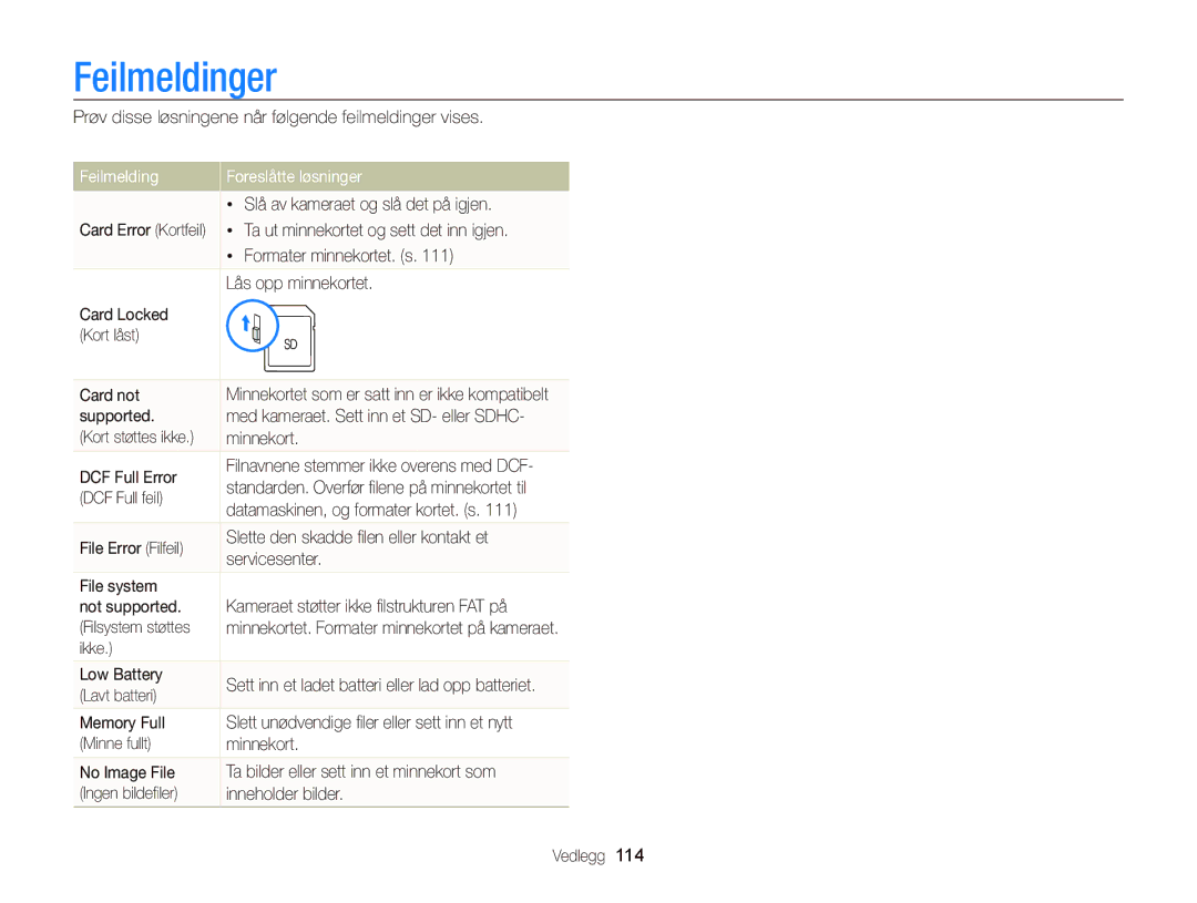 Samsung EC-WB2000BPBE2 manual Feilmeldinger, Feilmelding Foreslåtte løsninger 