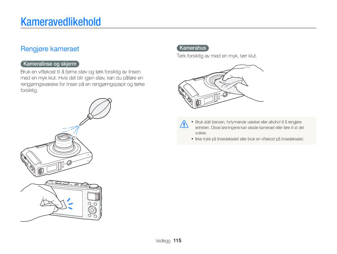 Samsung EC-WB2000BPBE2 manual Kameravedlikehold, Rengjøre kameraet, Kamerahus, Kameralinse og skjerm 