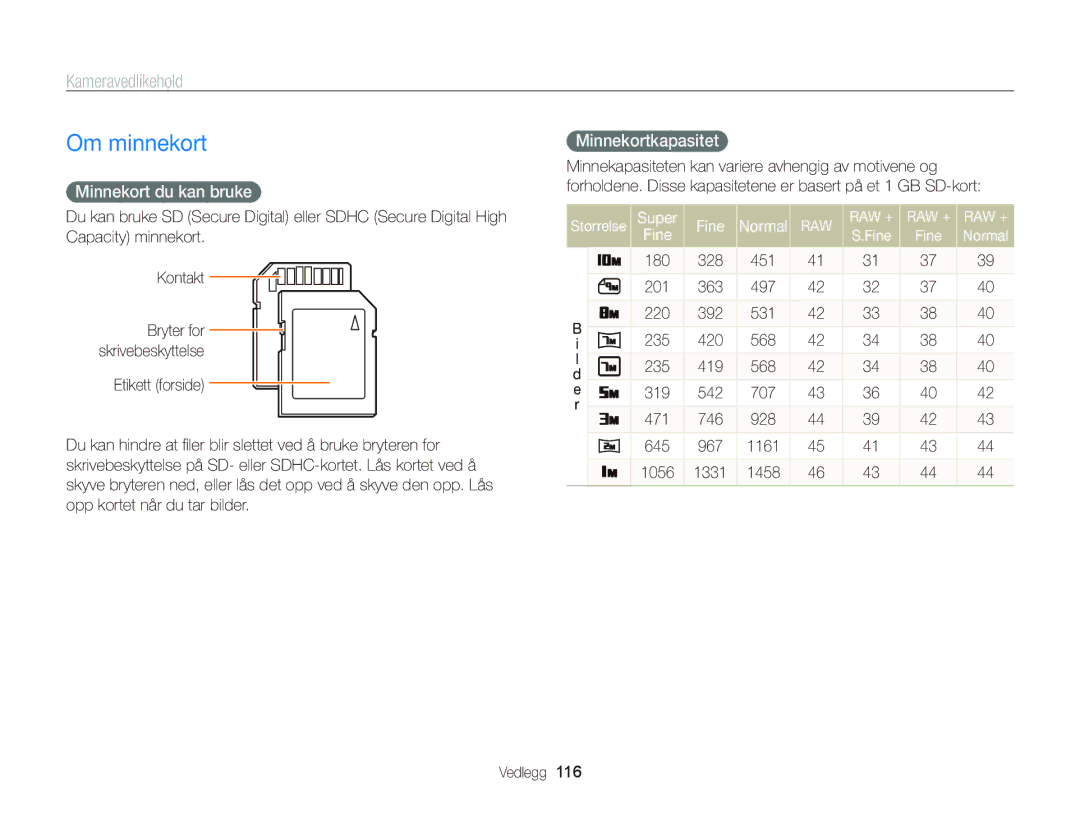 Samsung EC-WB2000BPBE2 manual Om minnekort, Kameravedlikehold, Minnekortkapasitet, Minnekort du kan bruke, Super Fine 