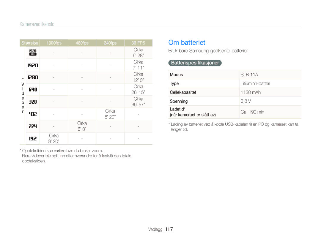 Samsung EC-WB2000BPBE2 manual Om batteriet, Batterispesiﬁkasjoner, Størrelse 1000fps 480fps 240fps 30 FPS 