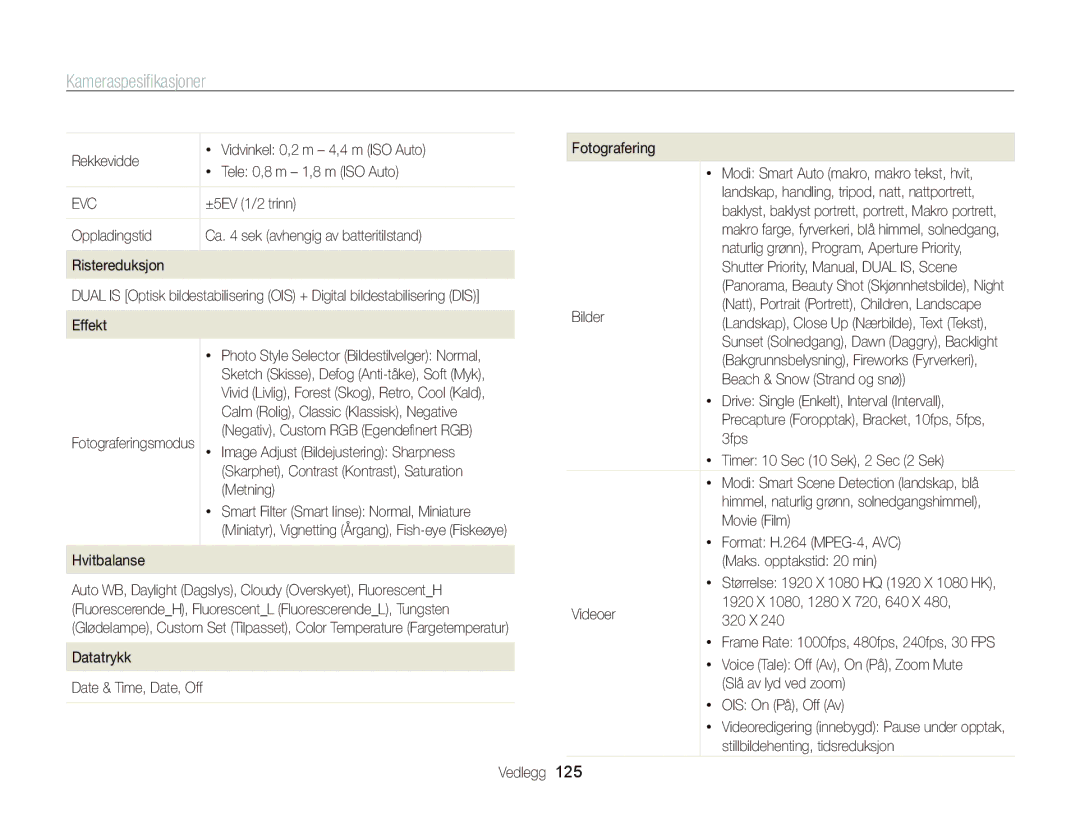 Samsung EC-WB2000BPBE2 manual Kameraspesiﬁkasjoner 